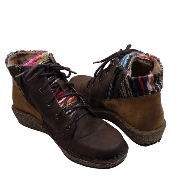 Aetrex Shoes - Aetrex Jolie Brown Leather Knit Lace Up Side Zip Wedged Heel Rustic Ankle Boot